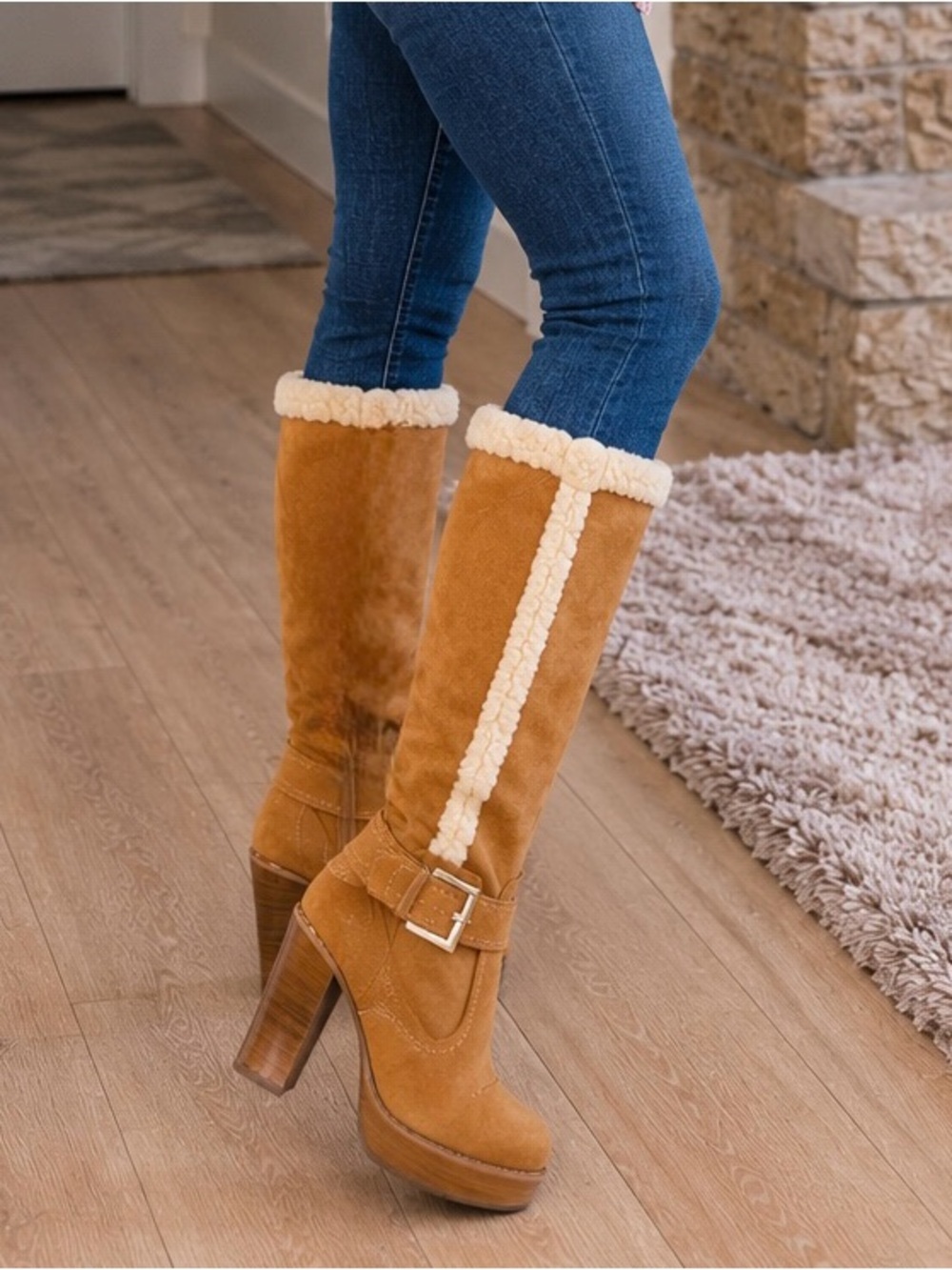 Michael Kors Tall Sheepskin Derby Suede Shearling Trim Platform Boots Brown 6.5M
